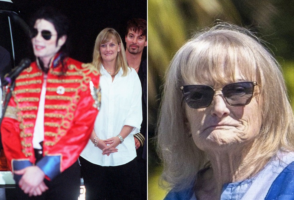 Debbie Rowe (com Michael Jackson) em 1997 e em 2025 — Foto: Getty Images e Grosby Group