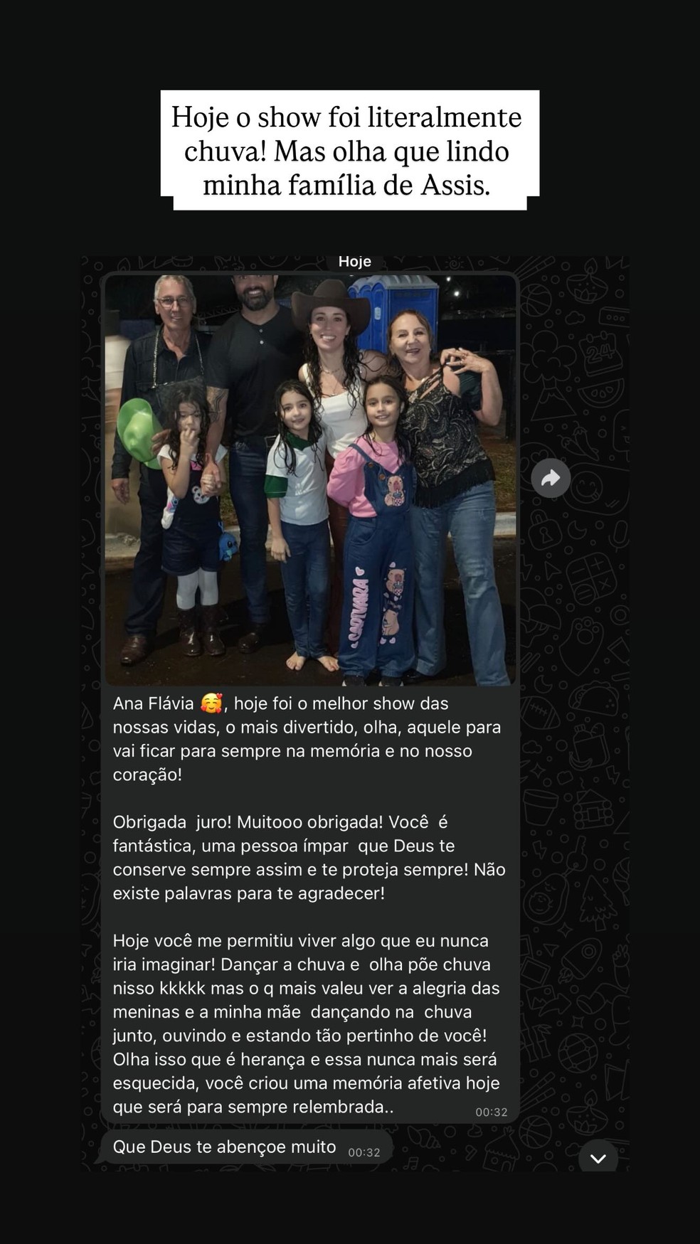 Ana Castela fala com Zé Felipe após show debaixo de temporal — Foto: Reprodução/Instagram