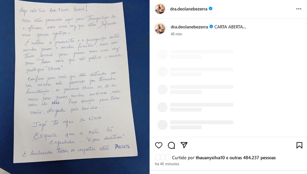 Deolane Bezerra publica carta escrita à mão após ser presa — Foto: Reprodução/Instagram