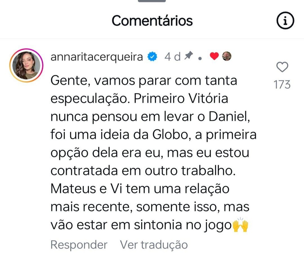 BBB 25: Anna Rita Cerqueira explica por que Vitória Strada escolheu amigo ao invés do namorado — Foto: Reprodução/Instagram