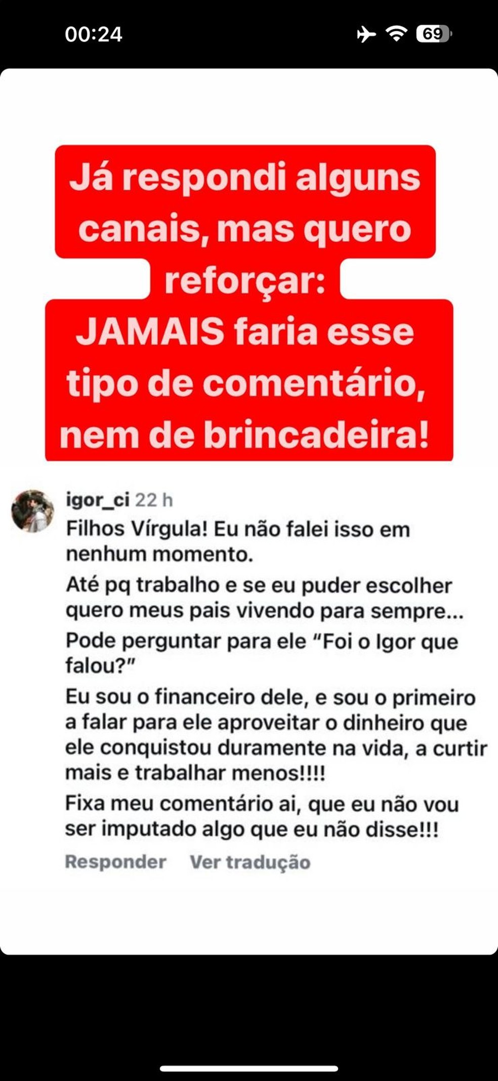 Igor Camargo não gosta da brincadeira de Zezé de Camargo sobre herança e rebate — Foto: Reprodução/Instagram