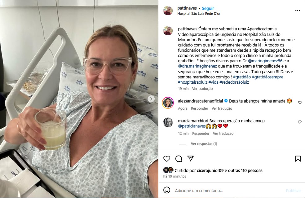 Patrícia Naves passa por cirurgia de urgência — Foto: Reprodução/Instagram