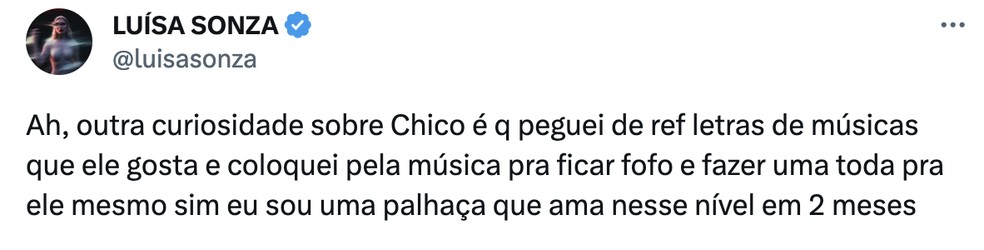Luísa Sonza admitiu que se apaixona rápido quando lançou a música 'Chico' — Foto: Reprodução / Twitter