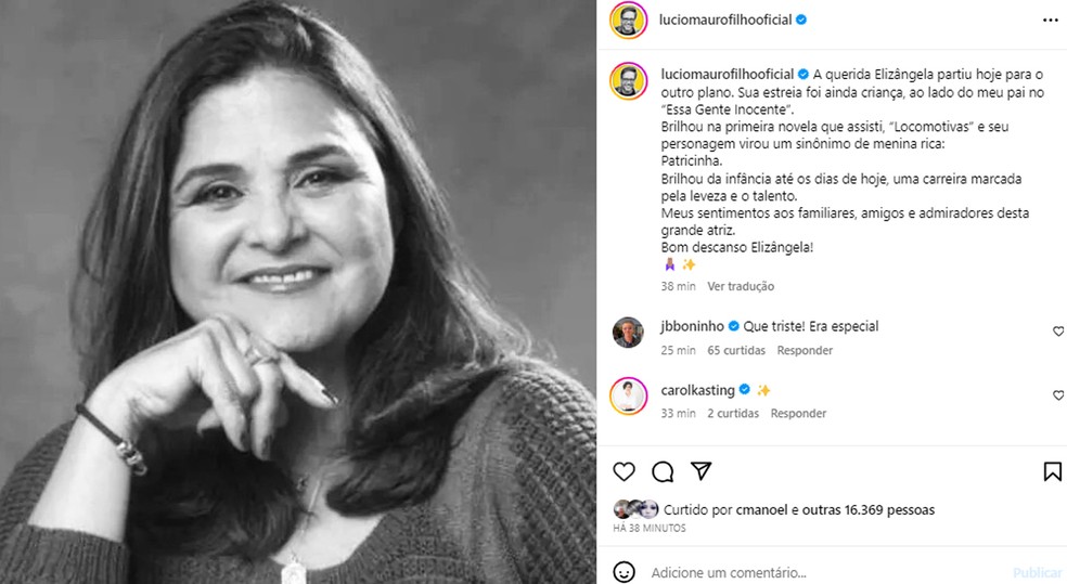 Lúcio Mauro Filho lamenta morte de Elizangela — Foto: Instagram