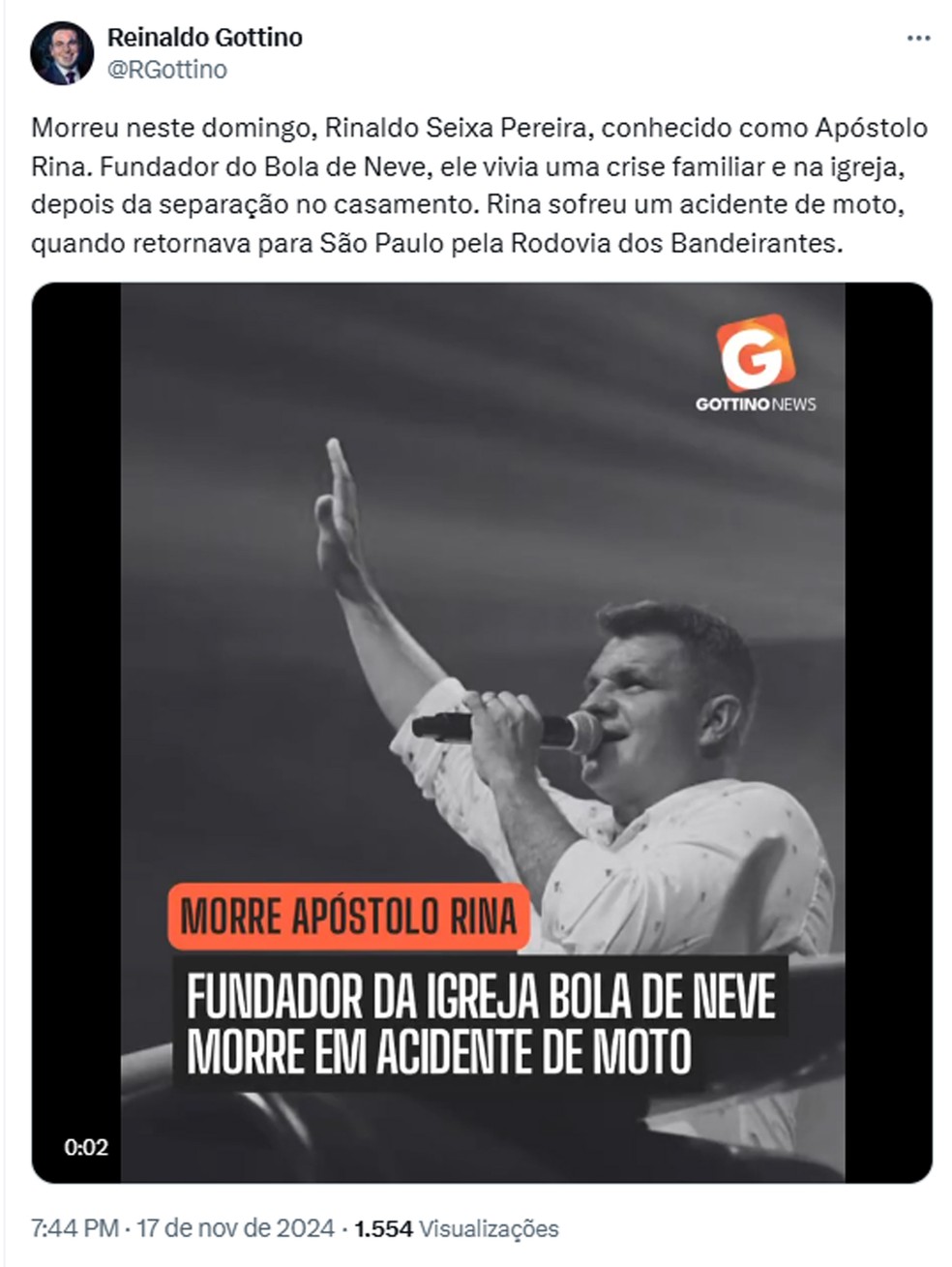 Morre Rinaldo Seixas Pereira, o apstolo Rina, diz Reinaldo Gottino  Foto: Reproduo/X