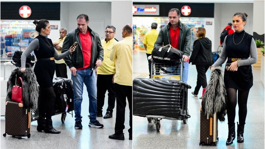 Thor Batista faz rara aparição com a mulher grávida em aeroporto do Rio