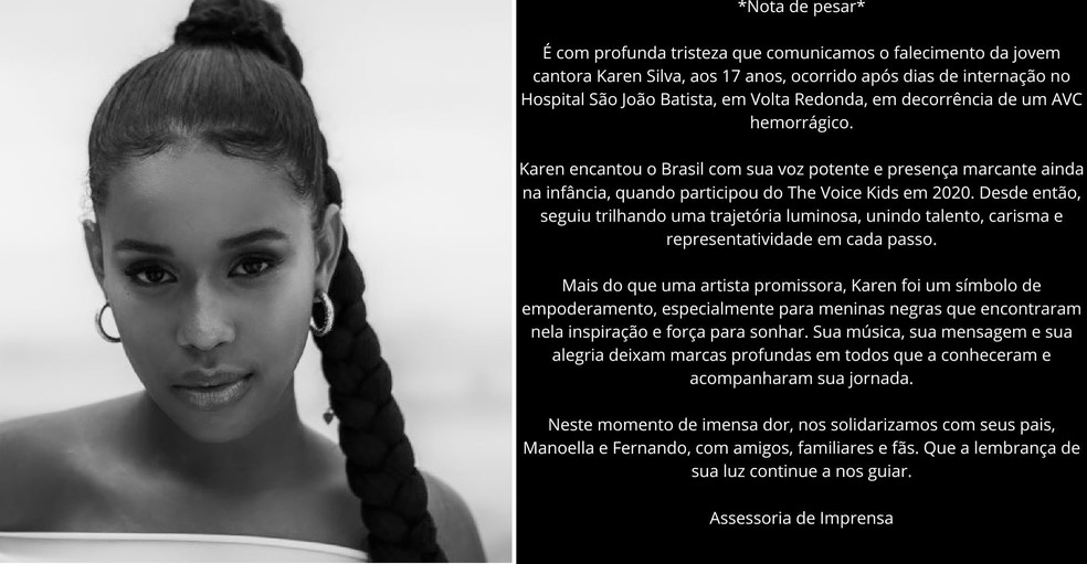 Comunicado da morte da cantora Karen Silva — Foto: Reprodução/Instagram