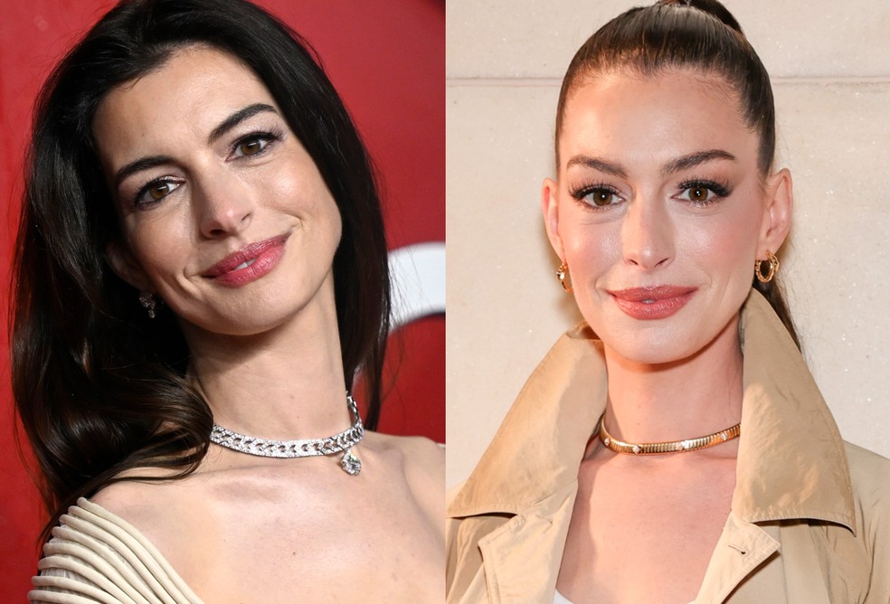 Anne Hathaway em 2023 e 2025 — Foto: The Getty Images