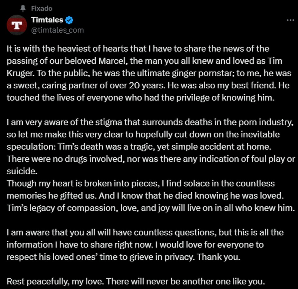 Anúncio da morte de Tim Kruger no X — Foto: Reprodução/X