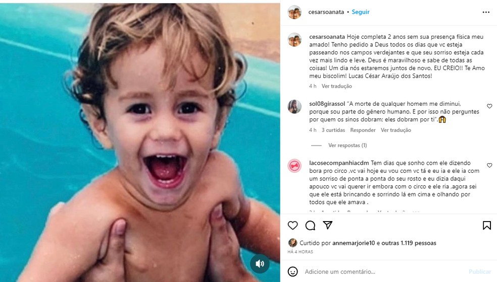 César Soanata lamanta dois anos da morte do filho — Foto: Reprodução/Instagram
