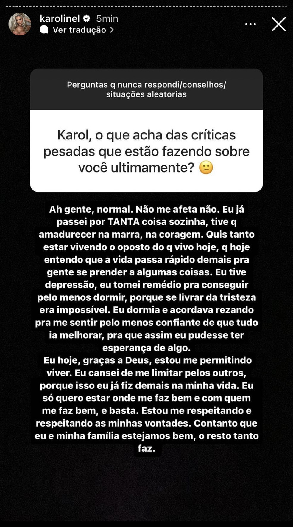 Karoline Lima fala de depressão: 'Passei por tanta coisa sozinha