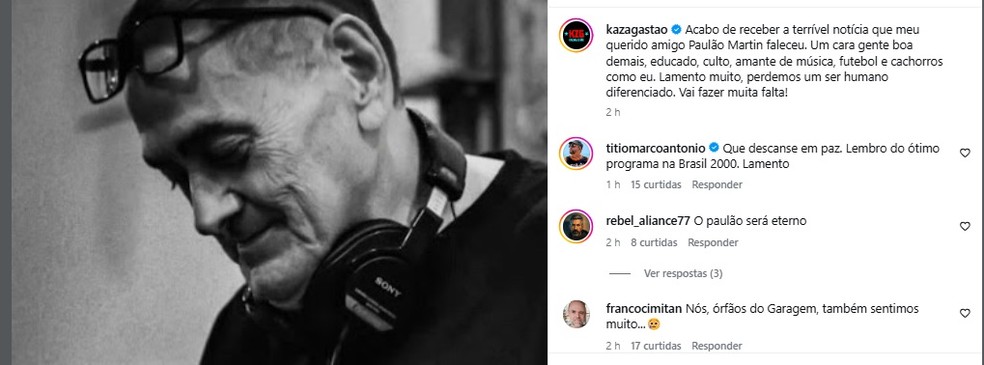 Ex-VJ Gastão Moreira lamenta a morte do radialista Pauleta — Foto: Reprodução/Instagram