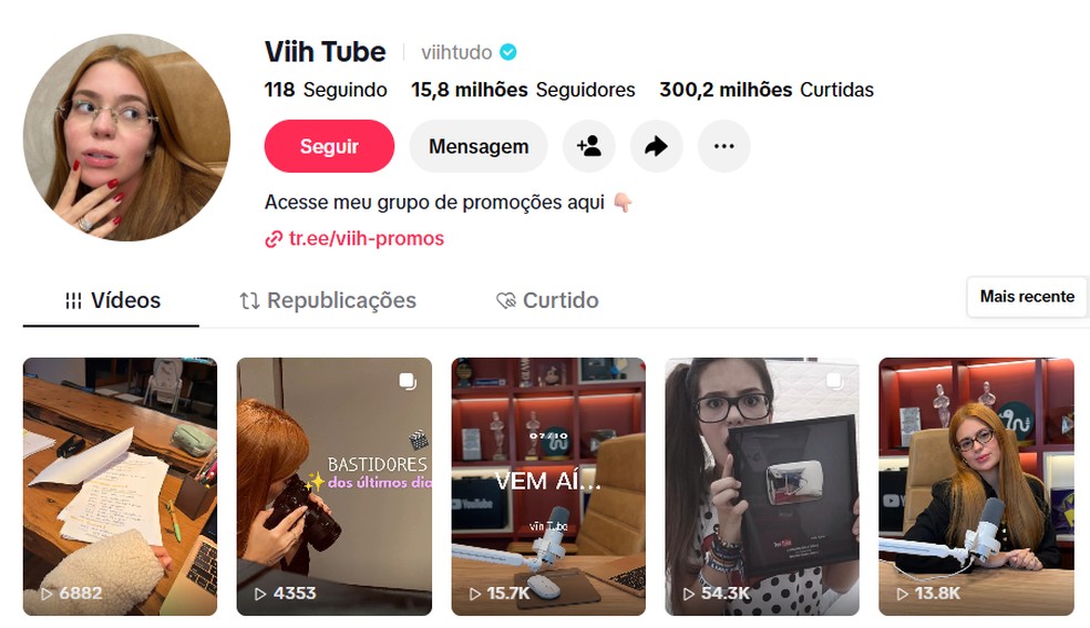 Viih Tube soma milhões de seguidores — Foto: Reprodução/TikTok