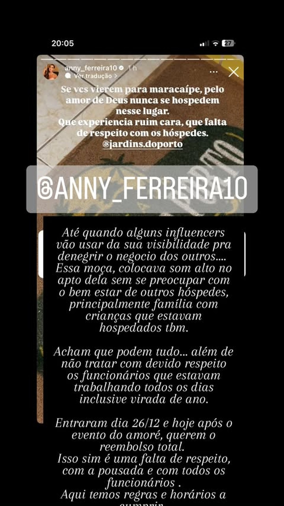 Pousada em Pernambuco responde a acusações de Anny — Foto: Reprodução/Instagram