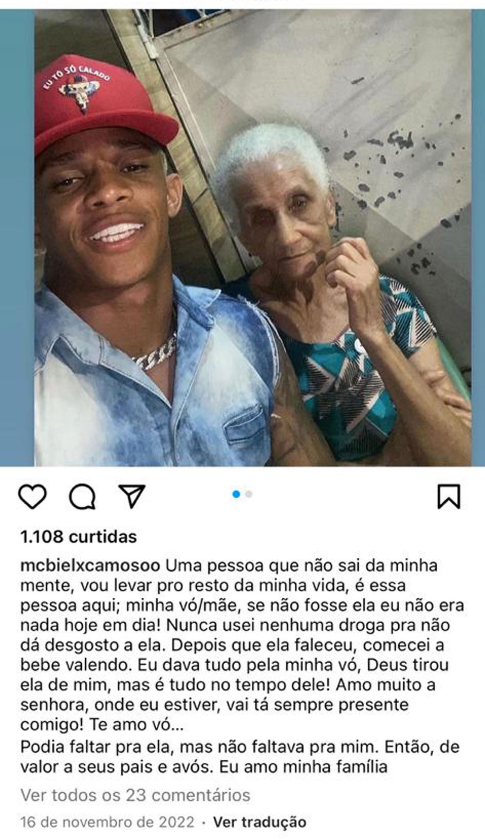 MC Biel Xcamoso falou sobre relação com a avó, que o criou — Foto: Reprodução/Instagram