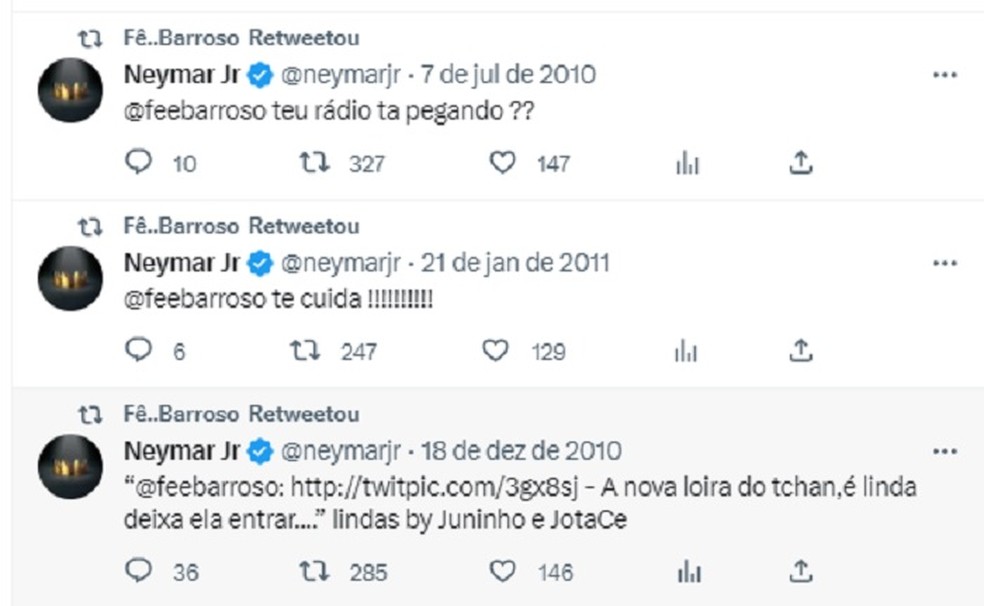 Fernanda Barroso e Neymar trocavam mensagens no Twitter entre 2010 e 2011 — Foto: Reprodução/Twitter