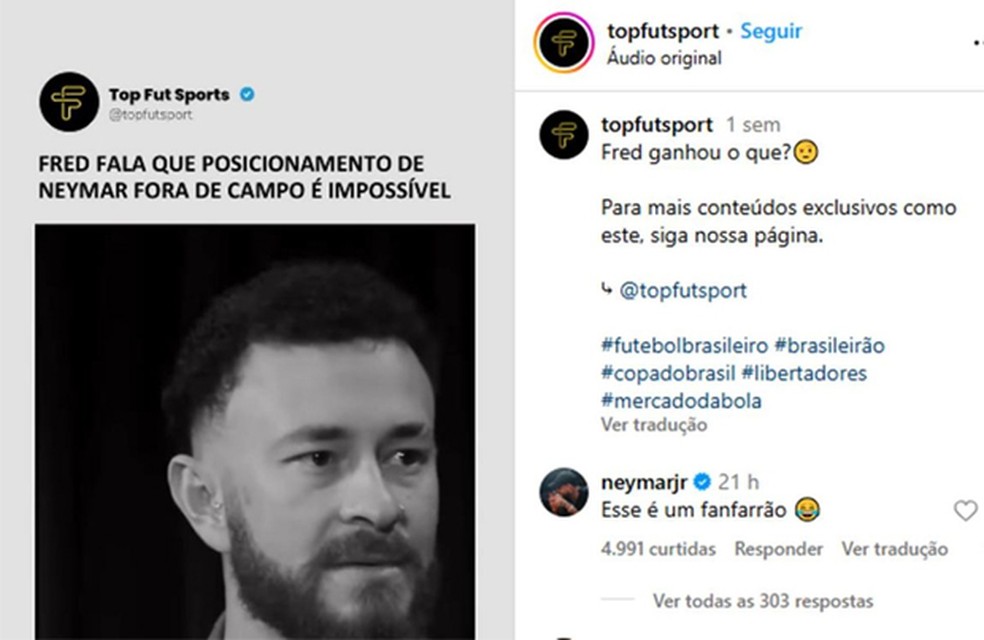 Neymar alfineta Fred Bruno — Foto: Reprodução/Instagram