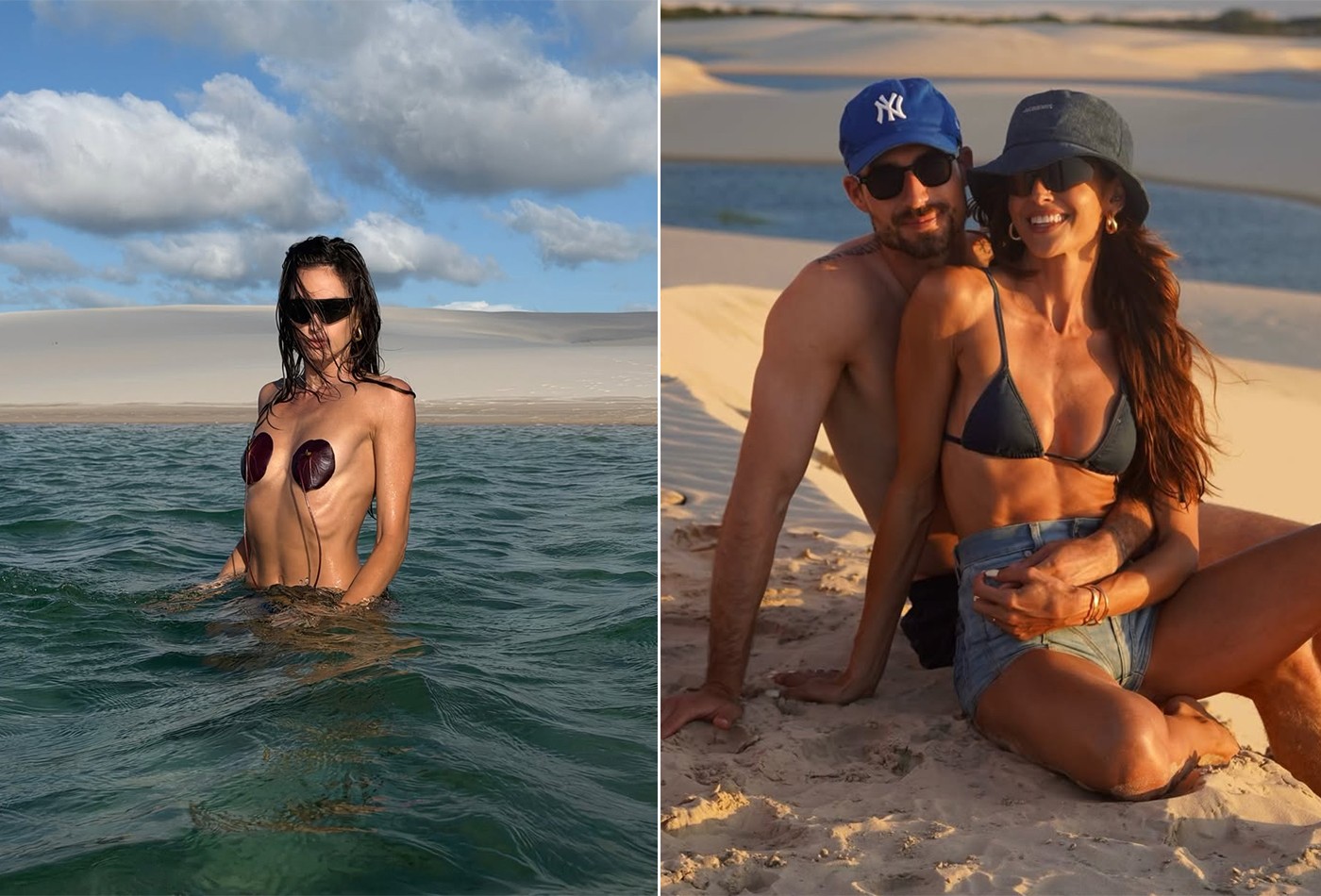 Izabel Goulart usa folhas como biquíni nos Lençóis Maranhenses com o noivo, Kevin Trapp