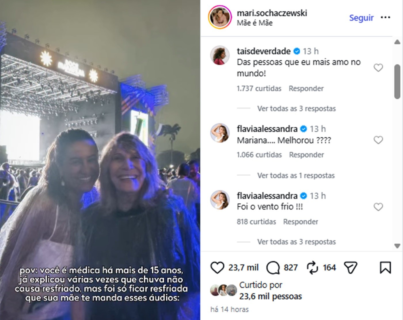 Renata Sorrah aconselha filha médica com febre: “Toma caldinho”