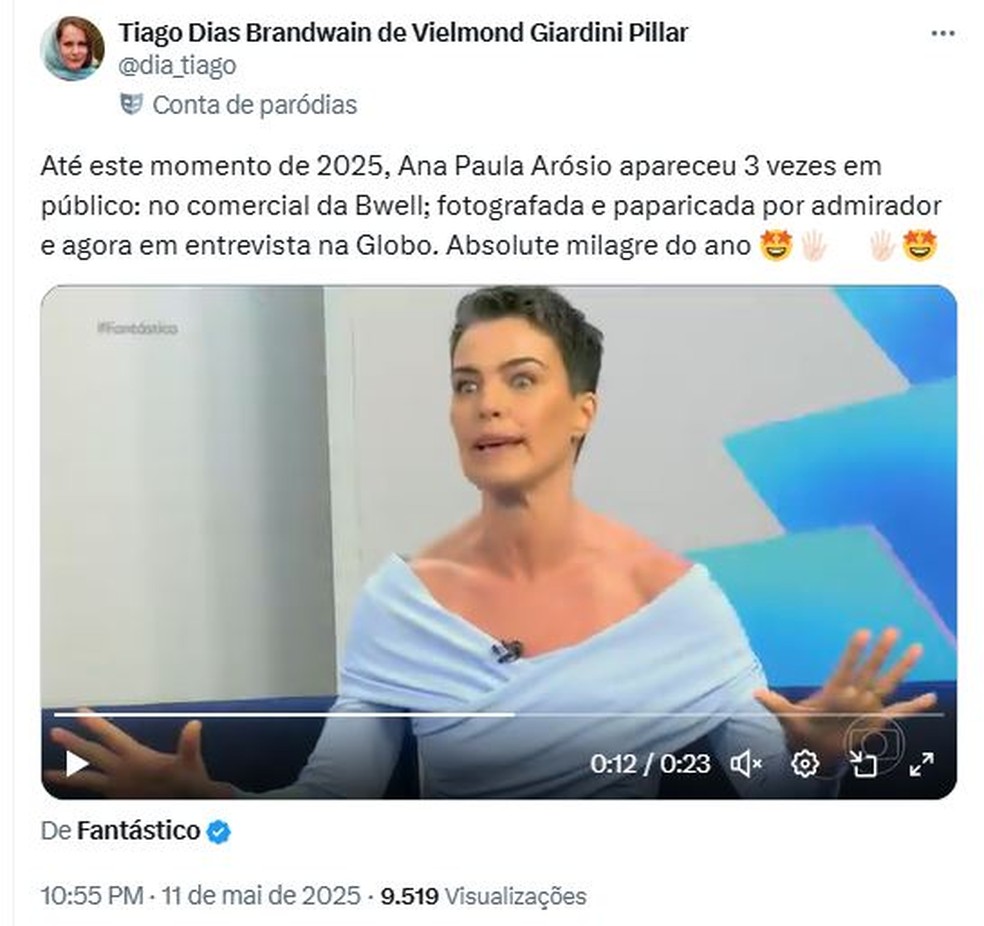 Participação de Ana Paula Arósio no Fantástico repercute na web — Foto: Reprodução/X