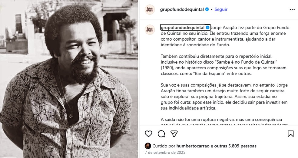 Jorge Aragão foi celebrado na página oficial do Fundo de Quintal — Foto: Reprodução/Instagram