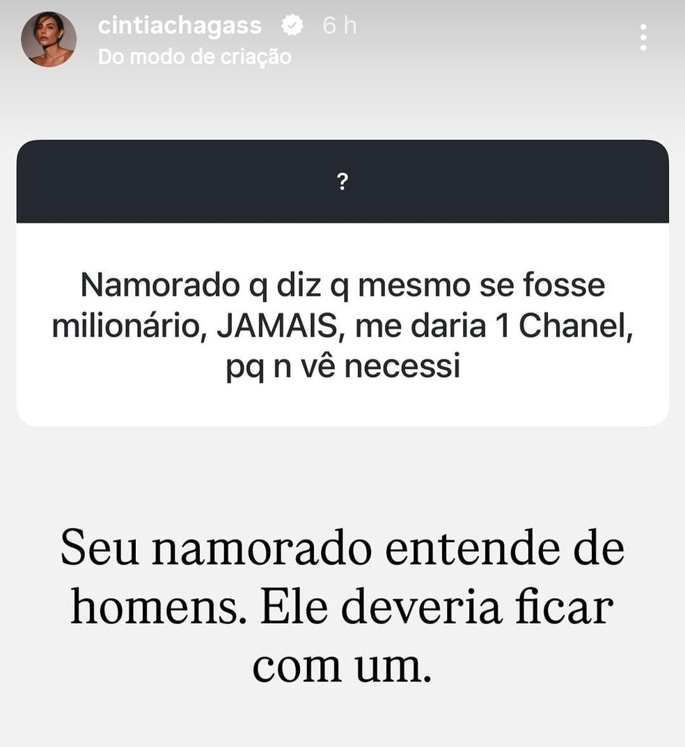 Cíntia Chagas responde internautas no Instagram — Foto: Reprodução/Instagram