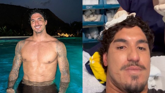 Gabriel Medina machuca a cabeça durante surfe e mostra curativo