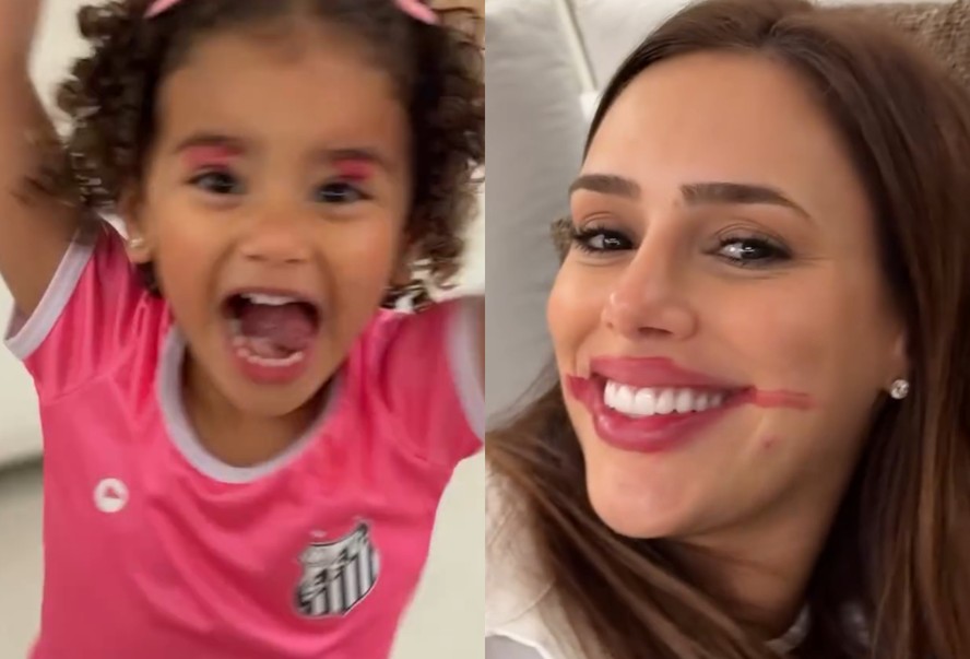 Neymar mostra Mavie com camiseta do Santos e maquiagem que ela fez na mãe
