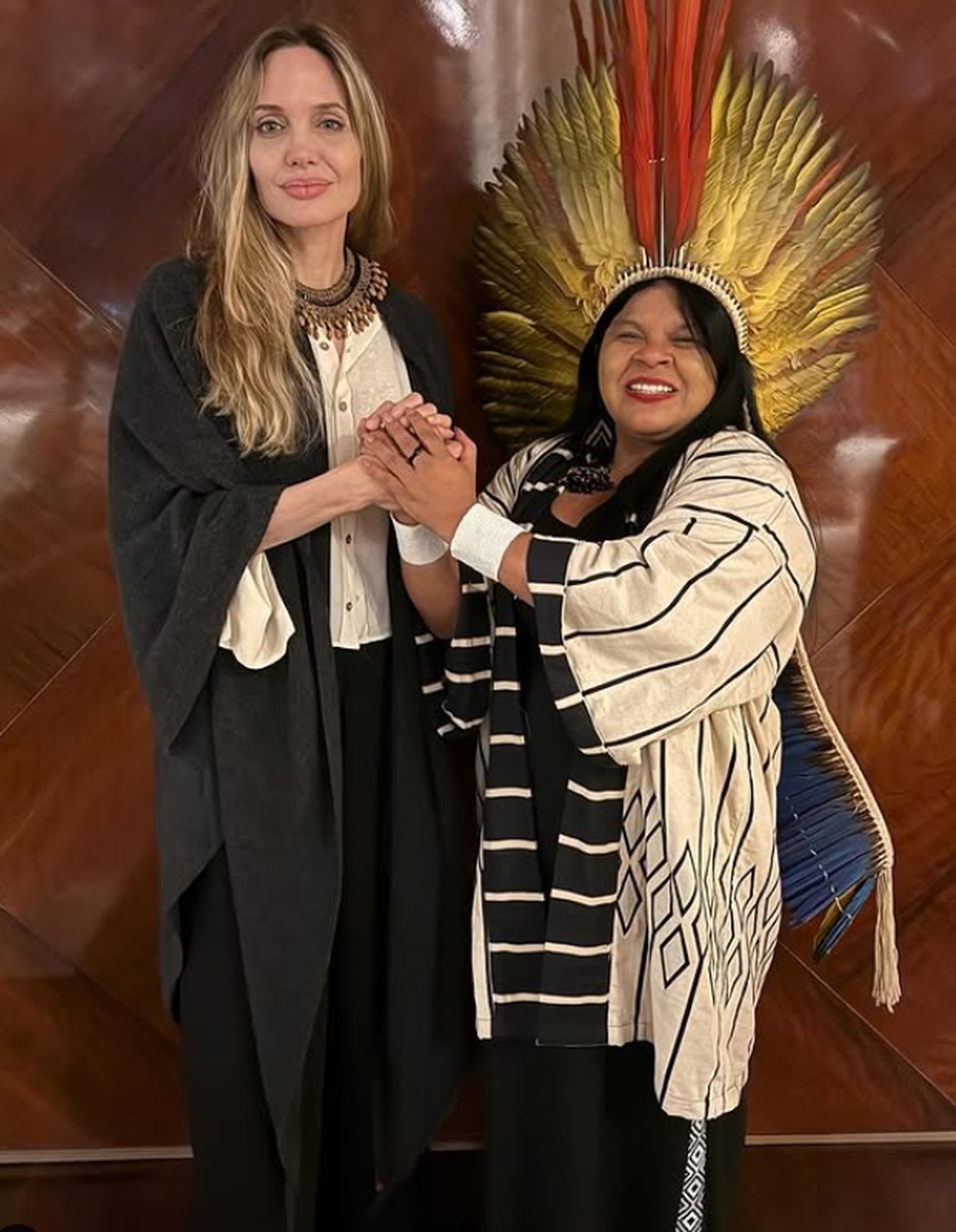 Angelina Jolie e Sonia Guajajara, ministra dos Povos Indígenas — Foto: Reprodução/Instagram