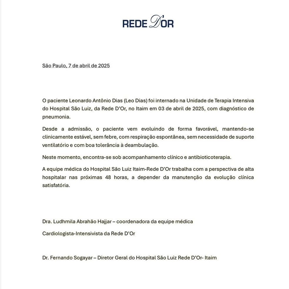 O boletim médico de Léo Dias — Foto: Reprodução Instagram