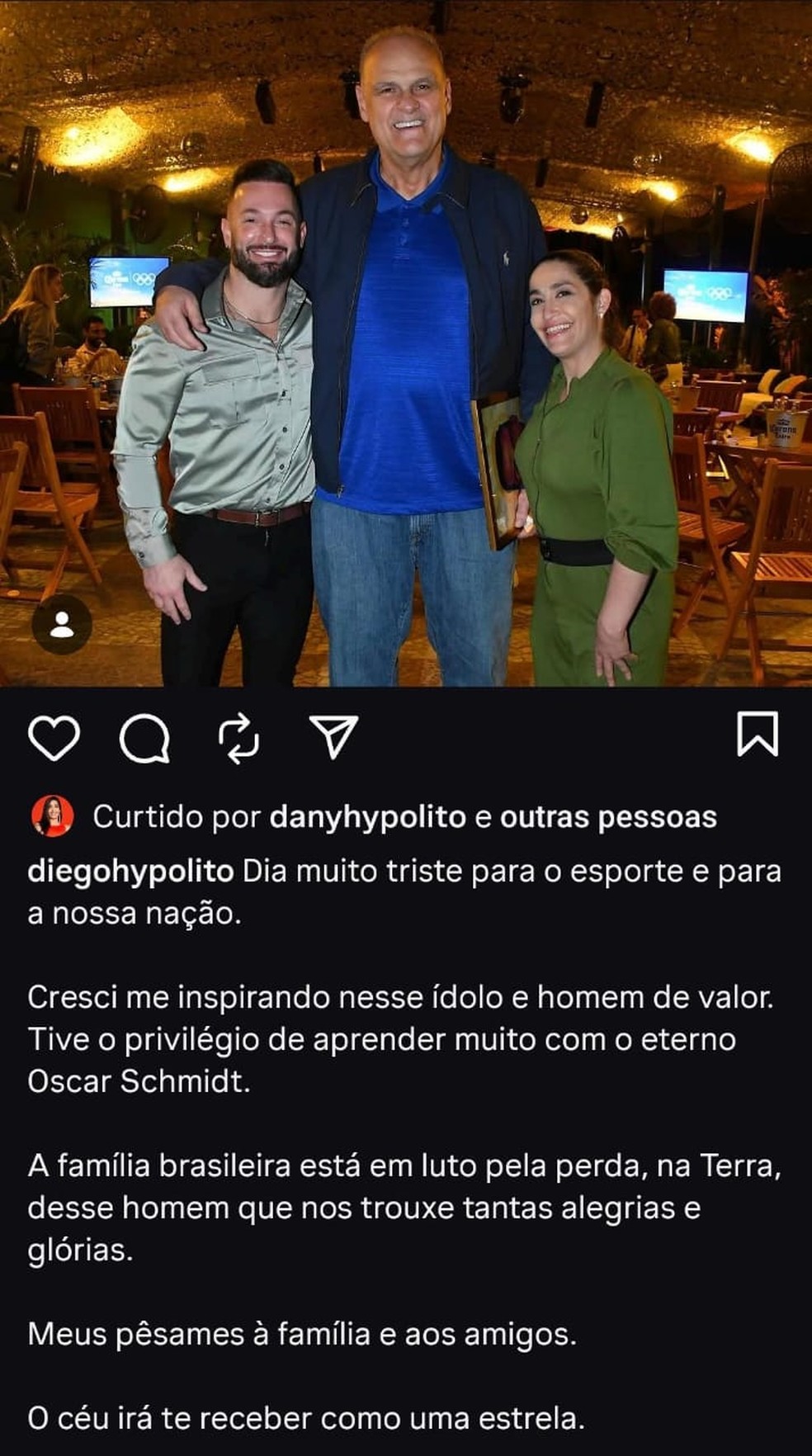 Diego Hypolito lamenta morte de Oscar Schmidt — Foto: Reprodução/Instagram