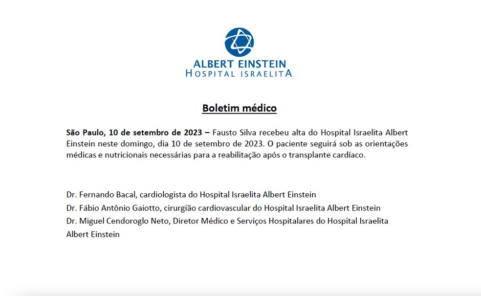 Boletim médico do Hospital Israelita Albert Einstein — Foto: Divulgação