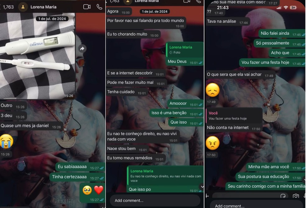 MC Daniel expõe prints da descoberta da gravidez de Lorena Maria — Foto: Reprodução/Instagram