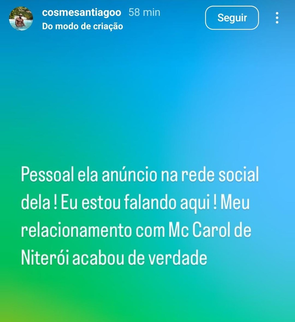 Ator de pornô gay Cosme Santiago anuncia fim do casamento com MC Carol — Foto: Reprodução/Instagram