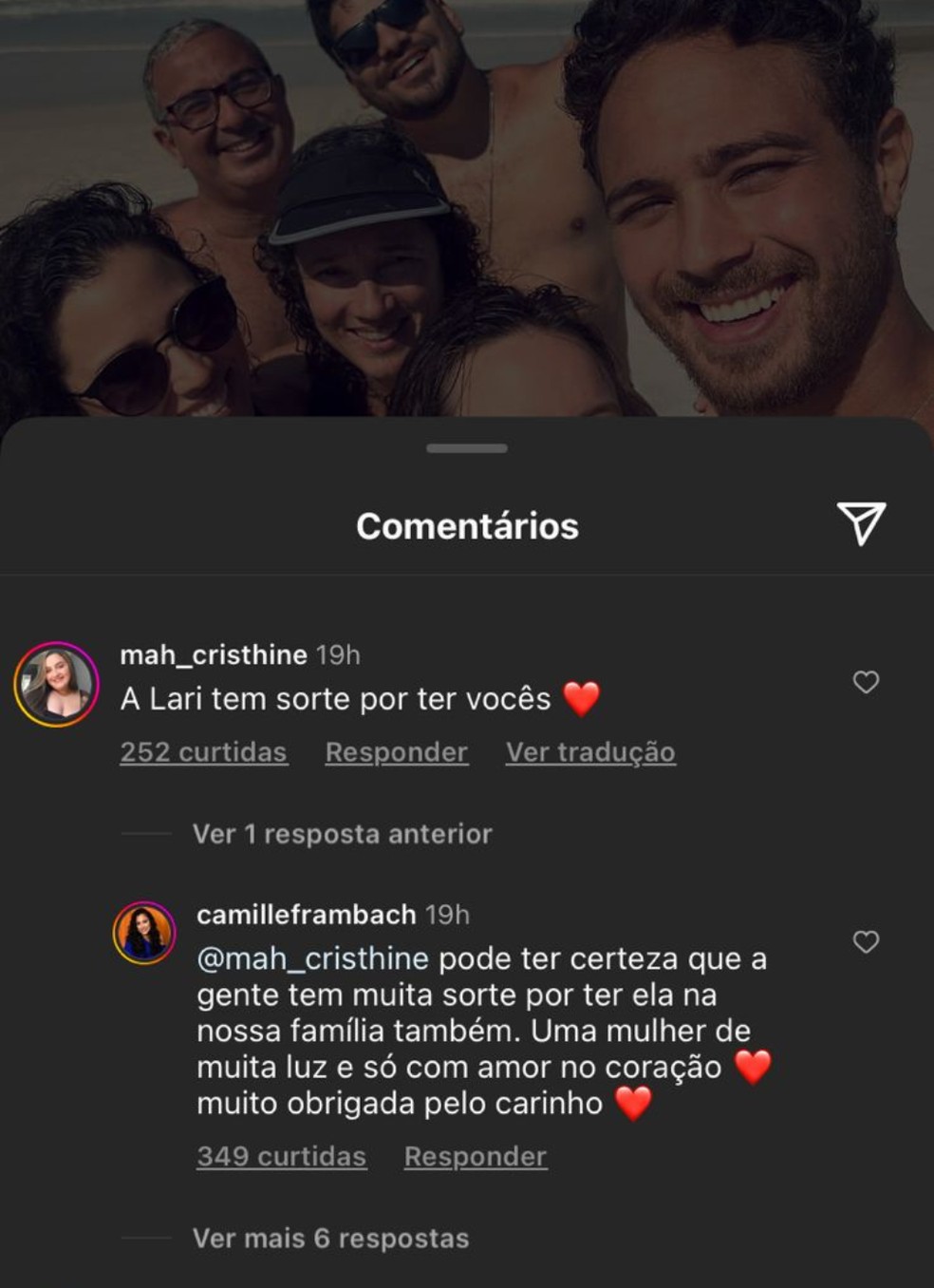 Camille Frambach demonstrou carinho por Larissa Manoela nos comentários de sua publicação. — Foto: Reprodução/ Instagram