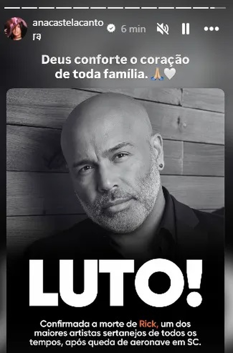 Ana Castela lamenta a morte do cantor Rick — Foto: Reprodução/Instagram