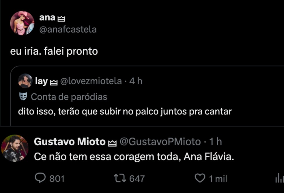 Ana Castela e Gustavo Mioto trocam mensagens nas redes — Foto: Reprodução/X
