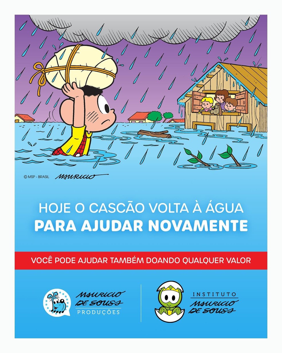 Cascão volta à água para ajudar vítimas das chuvas no Rio Grande do Sul — Foto: Reprodução