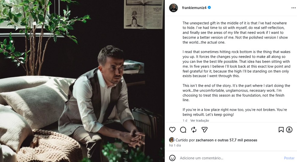 Post de Frankie Muniz, ex-astro mirim de 'Malcolm', após dizer que 'chegou ao fundo do poço' com divórcio — Foto: Reprodução/Instagram