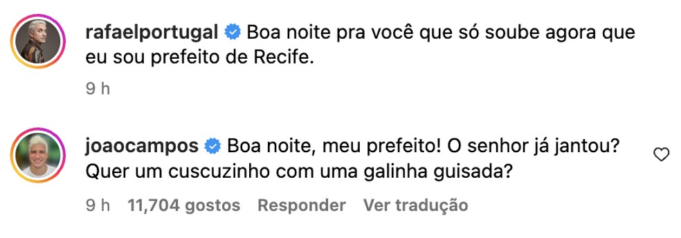 Rafael Portugal e o prefeito de Recife, Jo&atilde;o Campos, interagem na web &mdash; Foto: Reprodu&ccedil;&atilde;o/Instagram