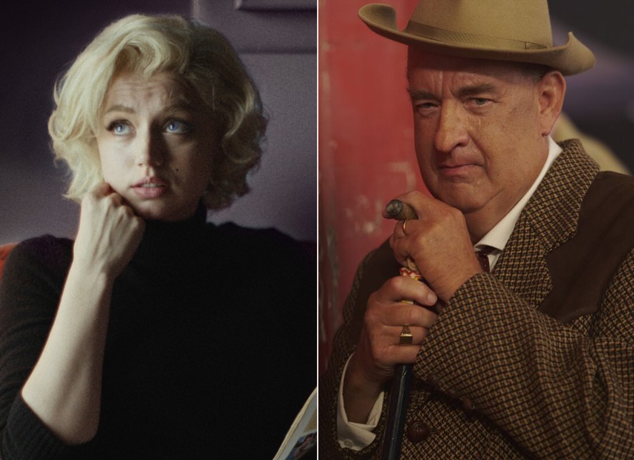 Ana de Armas como Marilyn Monroe em 'Blonde' e  Tom Hanks  como Colonel Parks em 'Elvis'