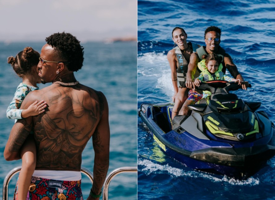 Eder Militão aproveita viagem em família com Tainá e os filhos