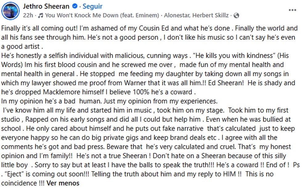 Post de Jethro Sheeran — Foto: Reprodução/Facebook
