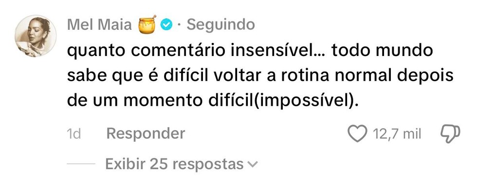 Comentário de Mel Maia — Foto: Reprodução/TikTok