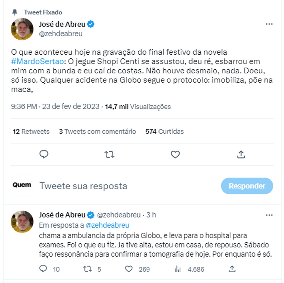 José de Abreu relata acidente em bastidores de 'Mar do Sertão' — Foto: Reprodução/Twitter