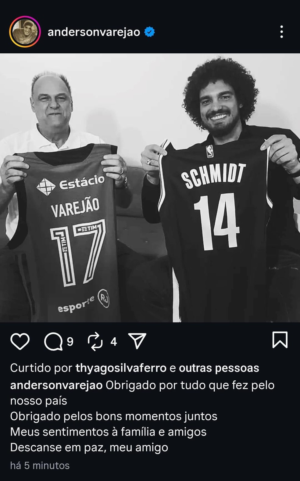 Anderson Varejão lamenta morte de Oscar Schmidt — Foto: Reprodução/Instagram