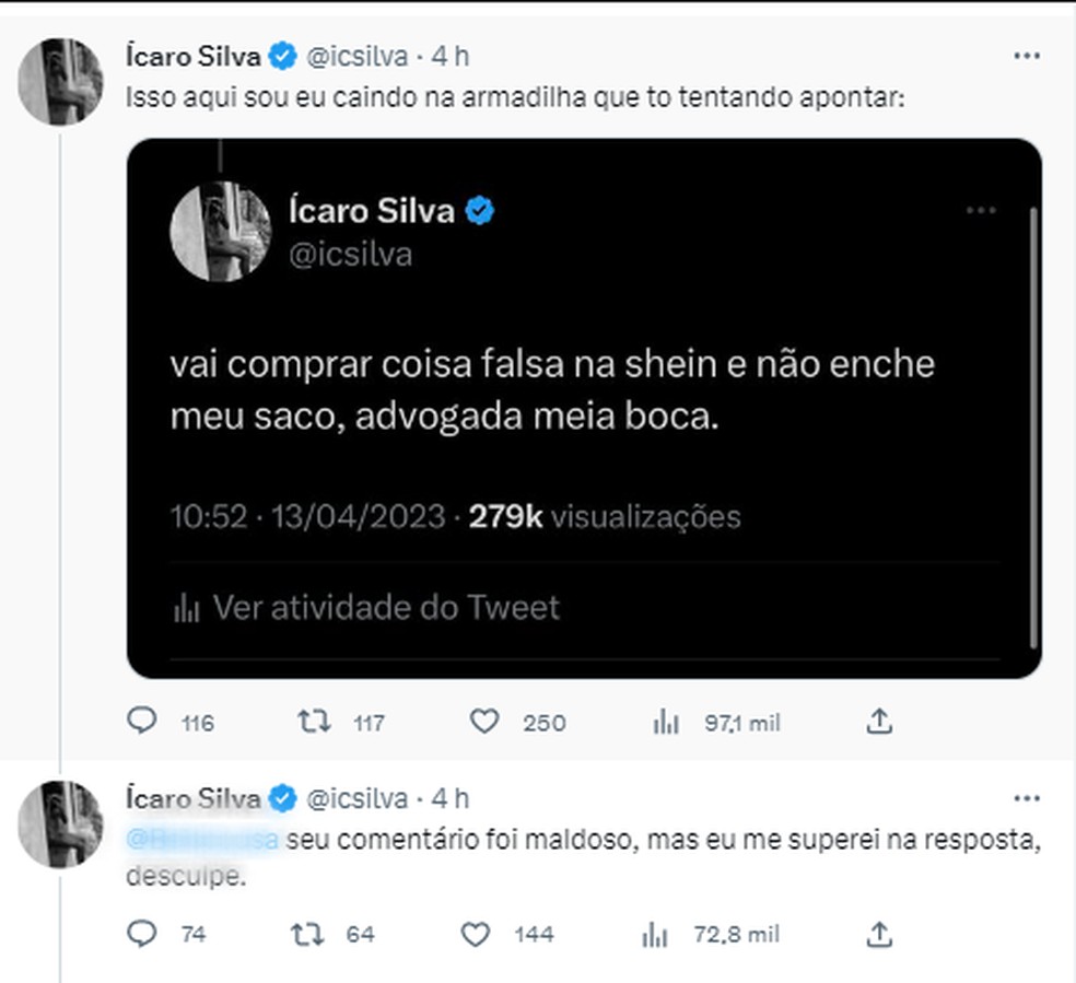 Ícaro Silva se desentende com internauta ao defender Aline Wirley   — Foto: Reprodução/Twitter