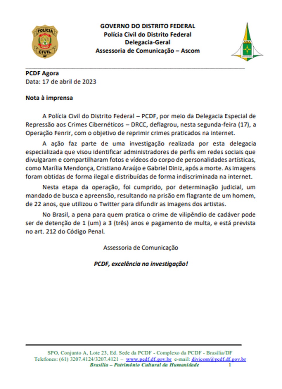 Comunicado da PCDF — Foto: Divulgação