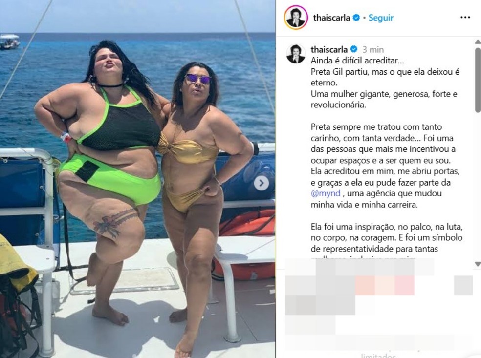 Tha&iacute;s Carla se despede de Preta Gil &mdash; Foto: Reprodu&ccedil;&atilde;o/Instagram