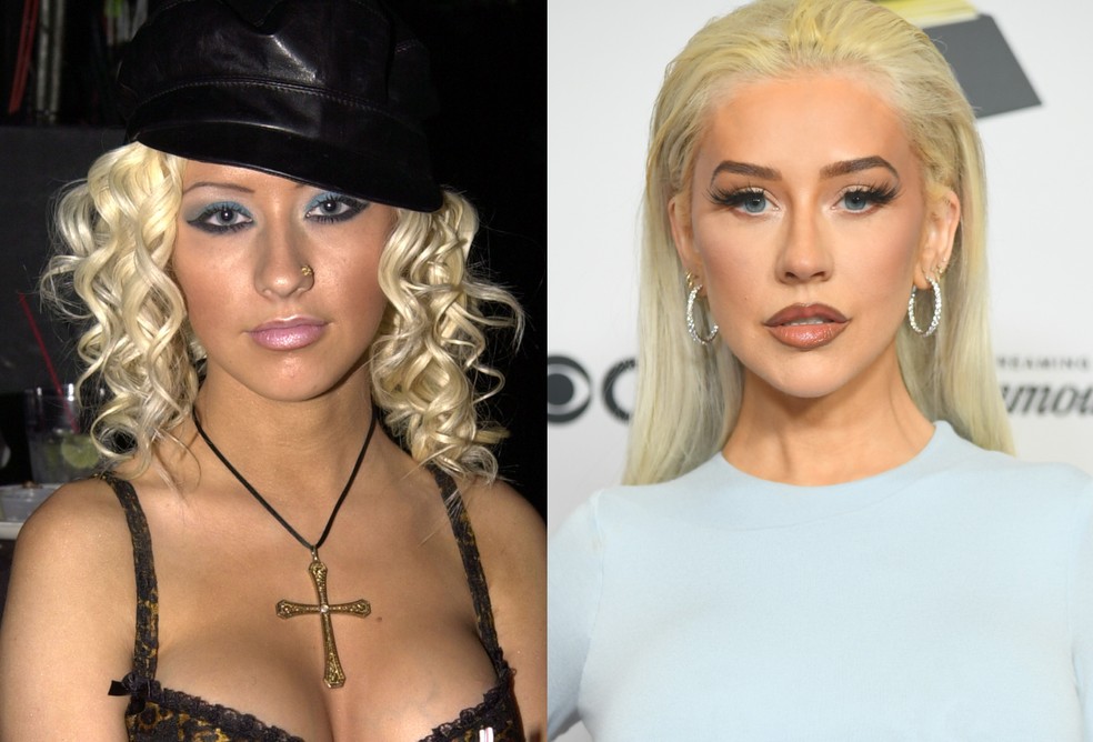 Christina Aguilera em 2002 e 2024 — Foto: The Getty Images